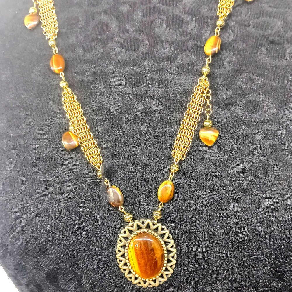 Ferrara Whiting & Davis Gold Ring Mesh Necklace with  Precious Tiger Eye